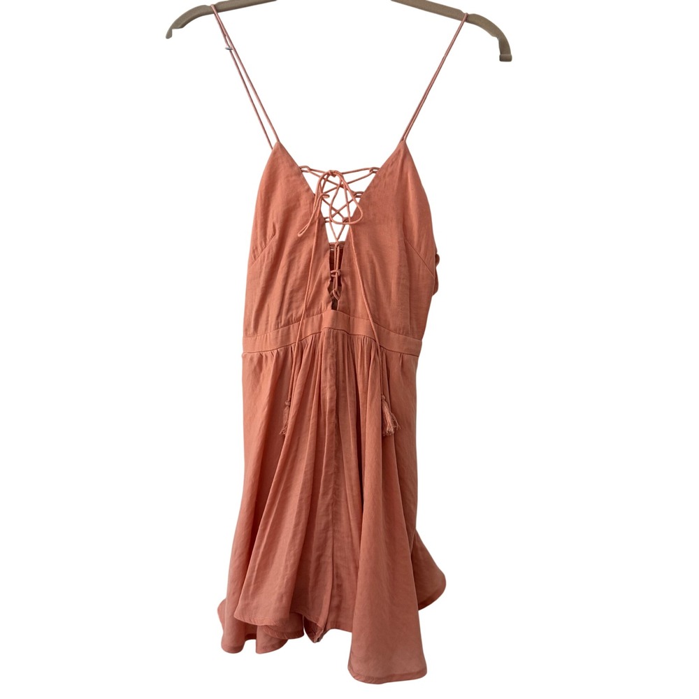 TJD Boho Coquette Two Jinn Pink Lace Up Front‎ Romper Double Strap Womens Small